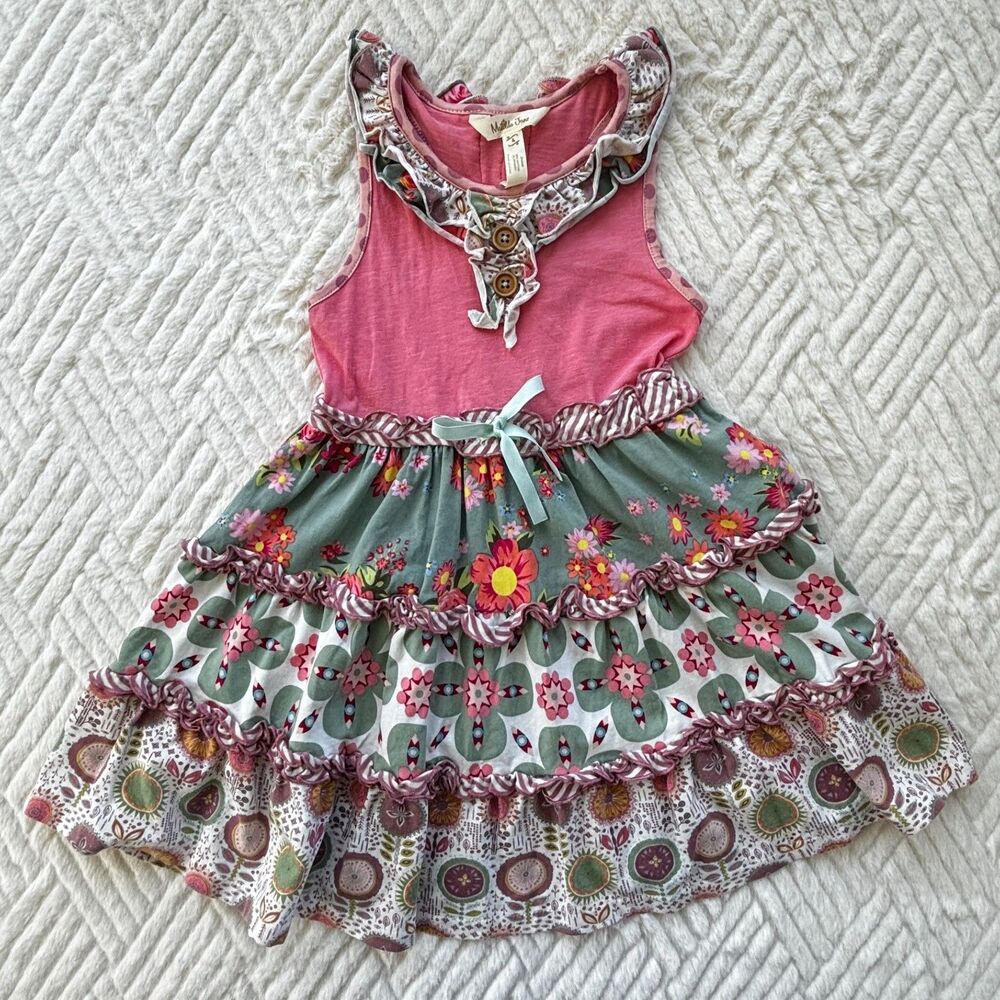 Matilda Jane Girls Size 4 Pink Floral Tiered Ruffle Knit Dress Boho
